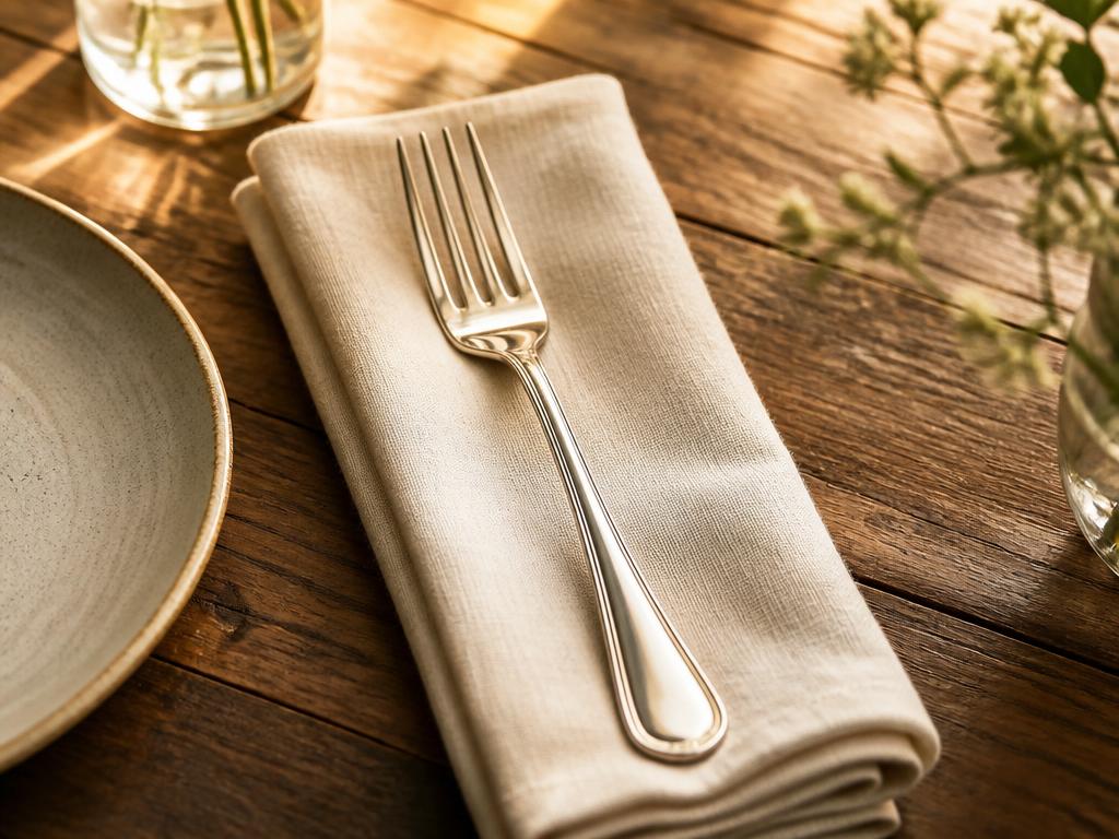 A single fork waiting on a napkin — an open seat at the table